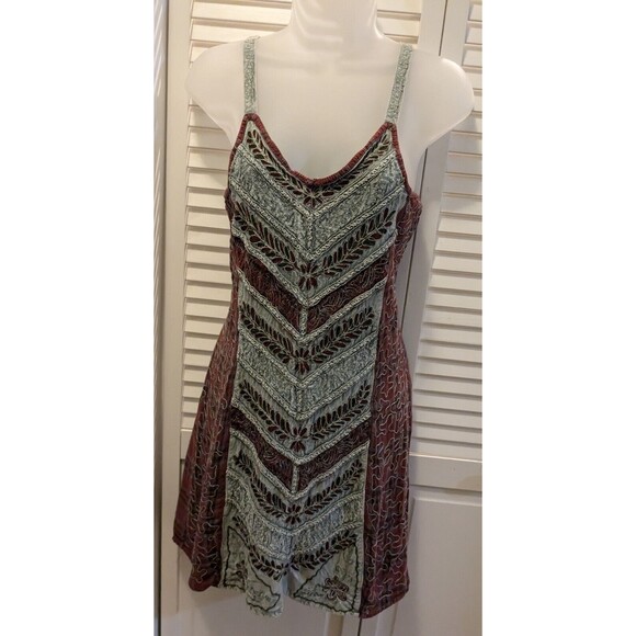 90s Vintage Red Moss Green Boho Indian Embroidered Mini Tie Back sundress XS S - Picture 1 of 6